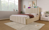 Cama tapizada Cabecero tapizado Doble con Rayas Decorativas Doradas y Carga USB Type-C 160*200 cm, material Linen beige Cama hidráulica de camping, capacidad de carga 200 kg (sin colchón). - details 0