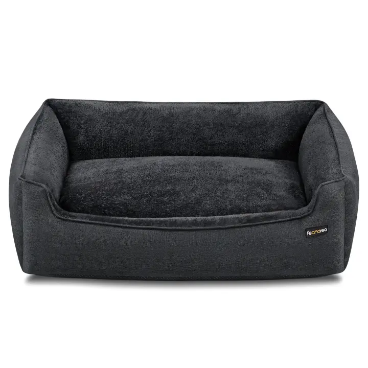Feandrea Cama para Perros, Sofá de Lino para Mascotas, Bordes Elevados, Fondo Antideslizante, Funda Extraíble para Lavado, 110 x 75 x 27 cm/120 x 90 x 30 cm, Gris Oscuro - 1