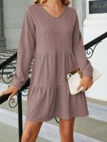 Vestido Largo Suelto Para Mujer Con Manga Larga Y Costuras En Color Sólido Moda Europea Y Americana Para Otoño E Invierno Cuello V Estilo Casual - details 9