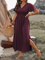 Vestido Casual De Verano Para Mujer 2024 AliExpress Con Cuello En V Manga Corta Y Abertura Midi De Poliéster Estilo Europeo Y Americano - details 17