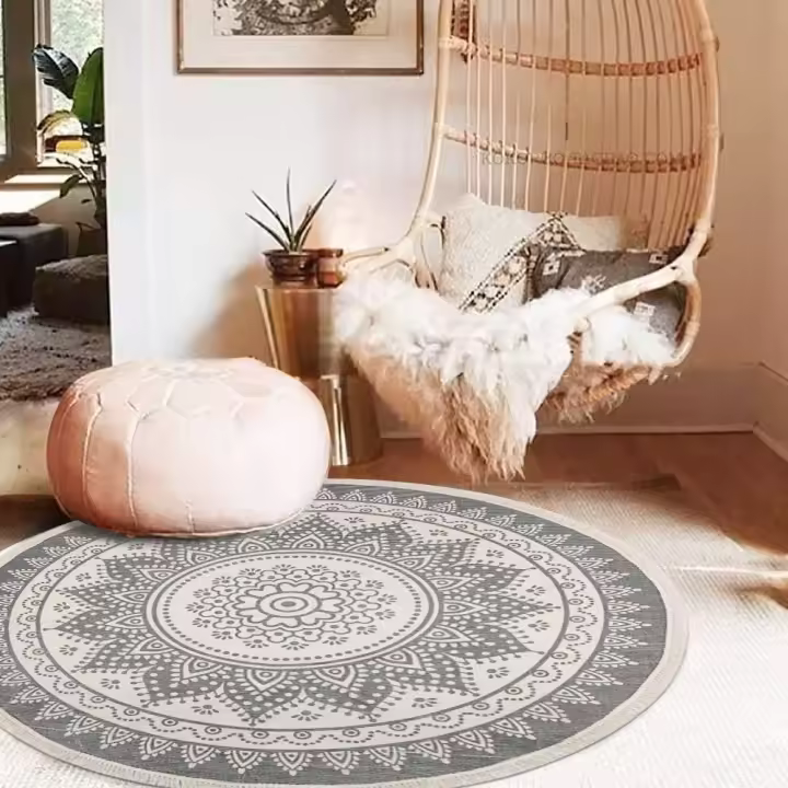 Round 120cm Hand-woven Machine Washable Cotton Rug Entrance Floor Mat Rug with Tassel for Home Kitchen Living Room Bedroom (Simple Gray Pattern, Round 120cm) - 1