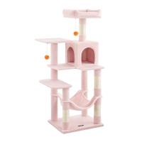 Árbol para gatos de 143 cm, torre con rascadores, plataformas, cueva, hamaca, pompones y tela de felpa en varios colores, multinivel para el entretenimiento felino - details 12