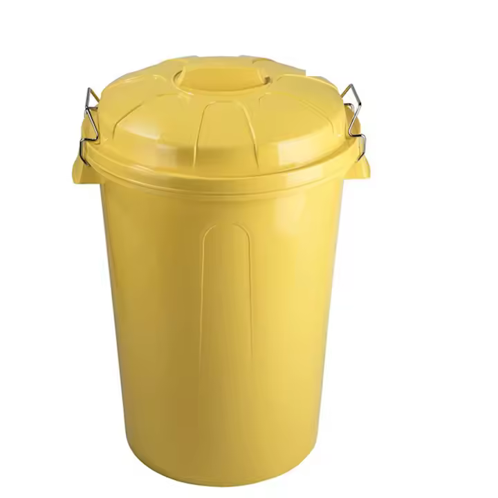 Tradineur - Cubo de basura con asas metálicas y tapa, contenedor de residuos de plástico, papelera, reciclaje, industrial, fabricado en España (Amarillo, 100 litros, 57 x 74,5 x 52 cm) - 1