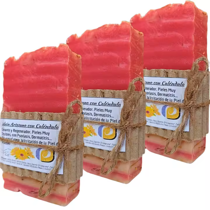 3 Jabones Artesanos Naturales de Caléndula. PumarShop Cinnia Natura. Indicado para Piel Sensible, Dermatitis, Psoriasis. Piel de Bebé. Hechos a Mano. Apto Veganos - 1
