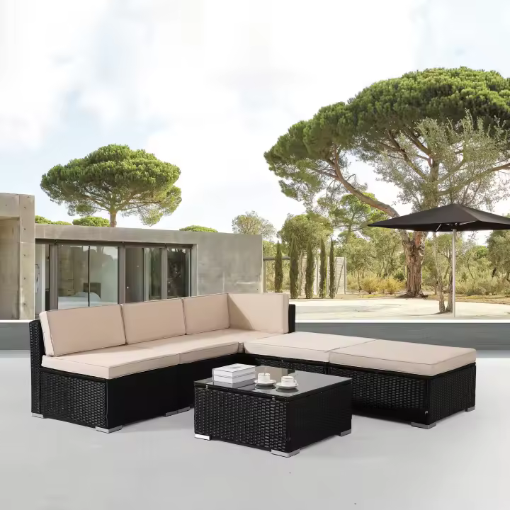 AREBOS Muebles jardín de poliratán Lounge Barcelona 5 personas combinable negro - 1