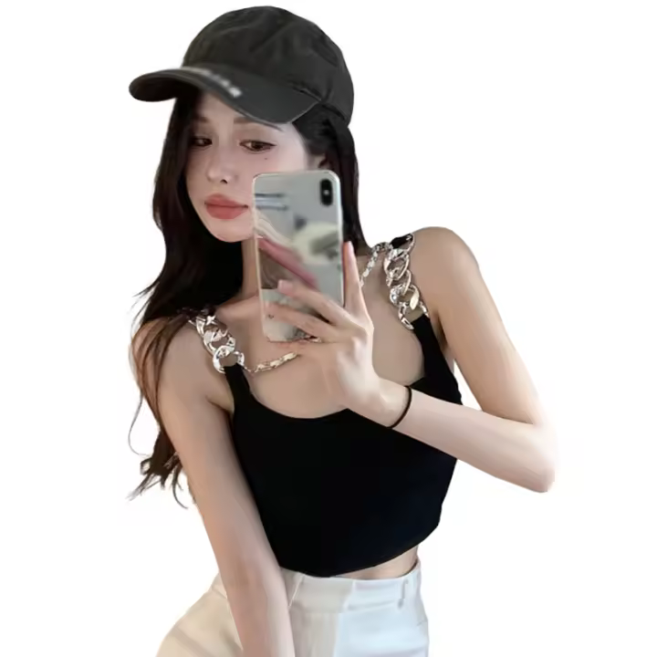 Top Corto Casual Para Mujer Con Cadena De Metal En U Sin Mangas Slim Fit Top Sexy Para Club Material De Poliéster - 1
