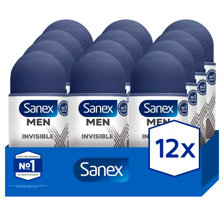 Desodorante roll-on para hombre Sanex Men Dermo Invisible 48h antitranspirante 50ml Pack de 12 - 1