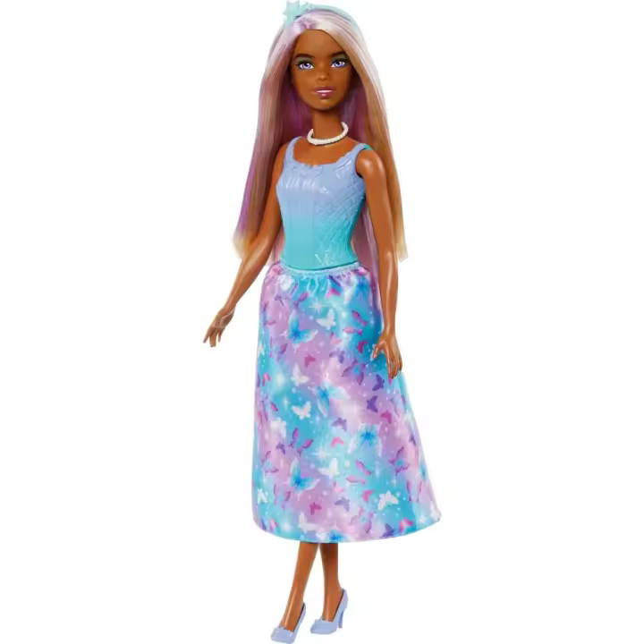 Muñeca Barbie princesa Dreamtopia con falda y corpiño azul y morado, pelo rubio plateado y lila, incluye diadema azul con estrella y collar blanco MATTEL (HRR10) - 1