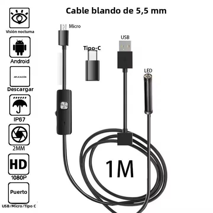 Cámara Endoscopio 5MM Con 3 Enlaces USB/Micro USB/Type-C Solo Aplicación Android Borescope Para Inspección Doméstica - 1