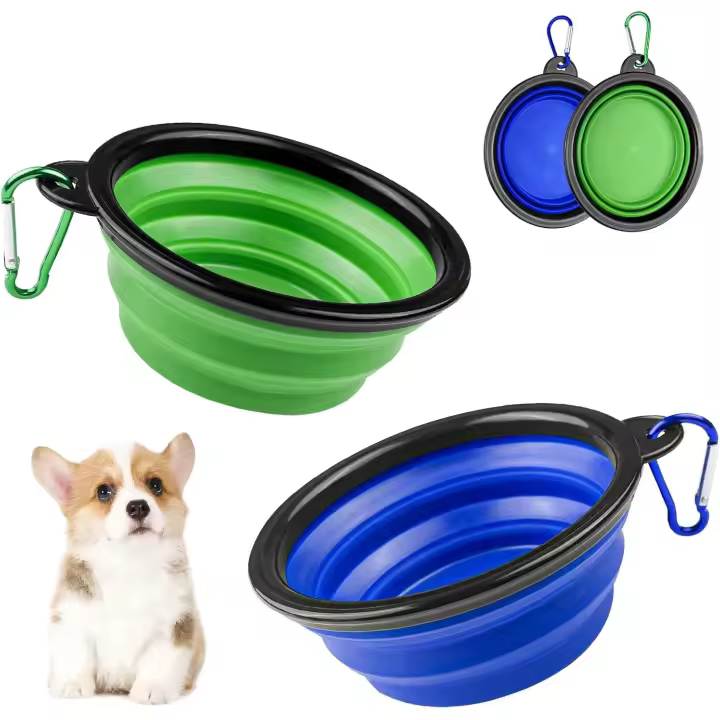 Plato alimentador portátil de material TPE plegable de 2 piezas con mosquetón para gatos, perros y mascotas, para senderismo o viajes - 1