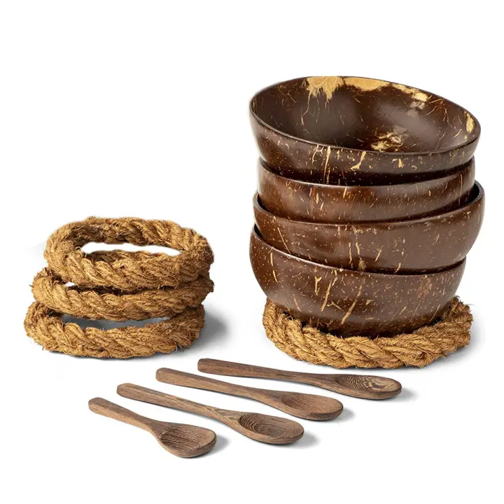 Cuencos de coco con cucharas y soportes, Juego de 4 cuencos de cáscara de coco + cucharas de madera y soportes sin bamboleos para ensalada - 1