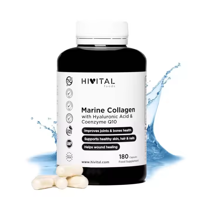 Hivital  Colágeno Marino con Ácido Hialurónico, Coenzima Q10, Vitamina C y Zinc  180 cápsulas  Péptidos que mantienen articulaciones, cartílagos, huesos, piel, cabello y uñas sanos - 1