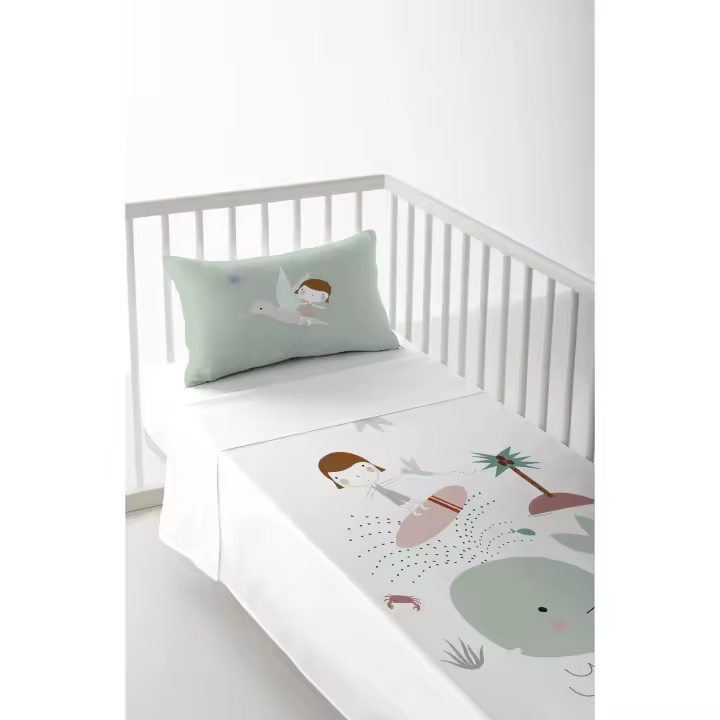 JUEGO DE SÁBANACUNA/MAXICUNAINFANTIL BEBE 100% ALGODÓN SURFING NIÑA HACIENDO EL INDIO FABRICADO EN ESPAÑA - 1