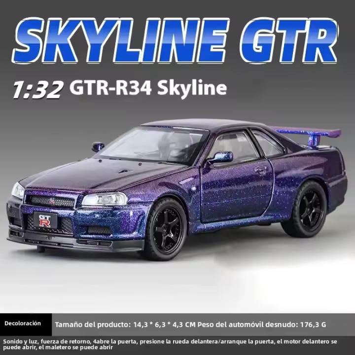 Nissan GTR R34 Skyline Supercar De 1:32 Modelo De Coche De Metal Aleación Con Sonido Y Luz Juguete De Carreras Para Niños - 1
