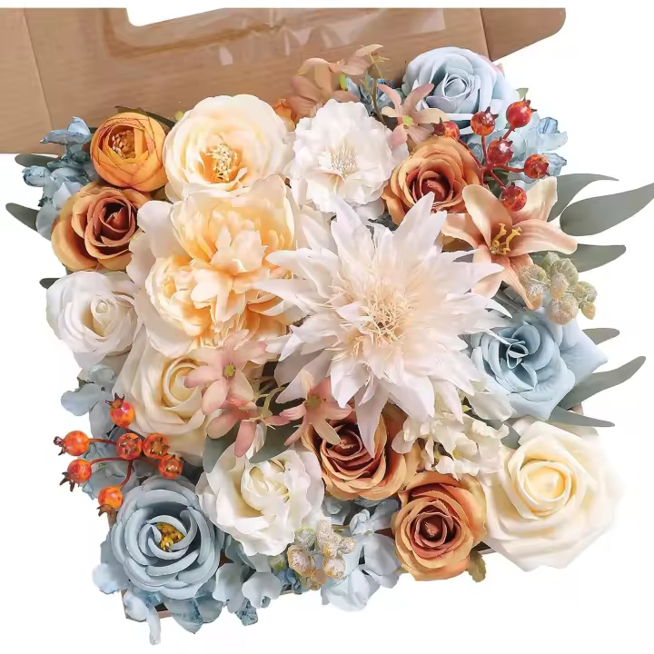 Combo de flores artificiales, flores de seda falsas, ramos de otoño para bodas, centros de mesa y fiestas (azul y blanco) - 1