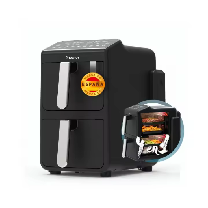 NARVI Freidora de Aire, sin Aceite. Capacidad de 10L con DOBLE CESTA independiente de 5L.,Cocina 4 recetas a la vez.  Potencia 2460W con Función SYNC, 10 Menús Automáticos y Cocción 360°.  Ref. NF100 - 1