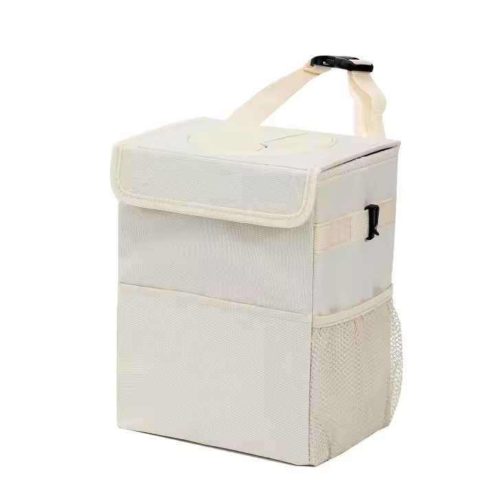 Cubo de basura para coche con tapa a prueba de fugas, 3 bolsillos de almacenamiento, bolsa de basura impermeable para coche para SUV, color beige - 1