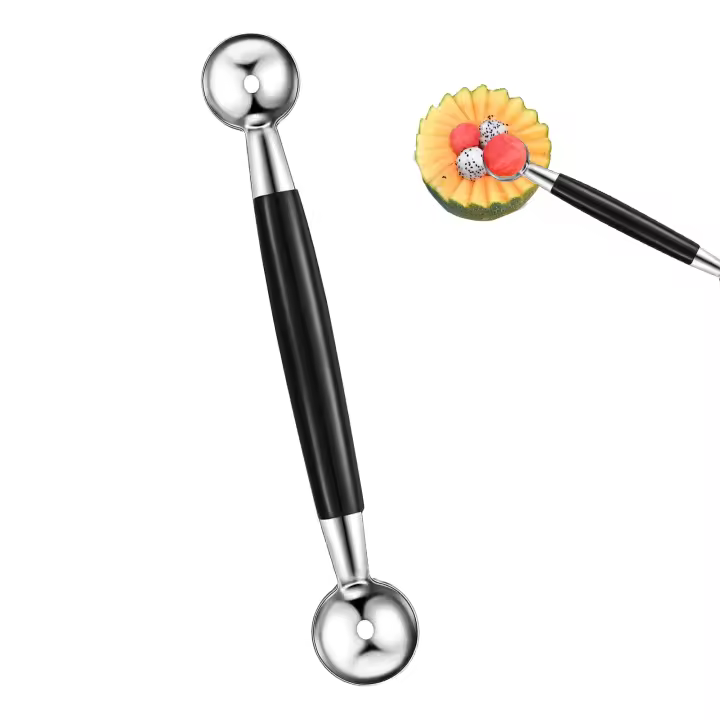 1 bola de melón de doble cara, bolas redondas de melón, cuchara de fruta, cuchara doble de acero inoxidable, cono de helado, cuchara doble de postre - 1