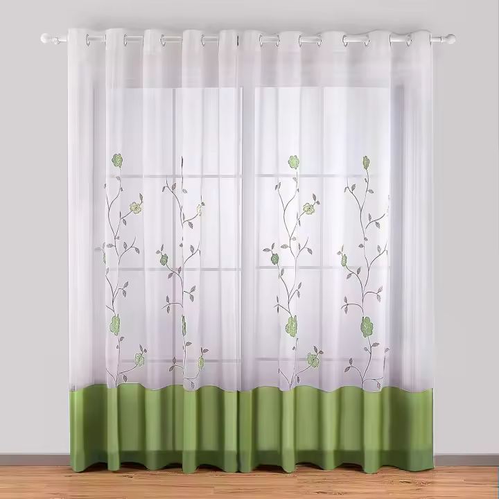 1 pieza de cortinas con ojales, visillos con bordado floral para dormitorio, cocina, sala de estar, 140 cm x 145 cm, verde soleado - 1