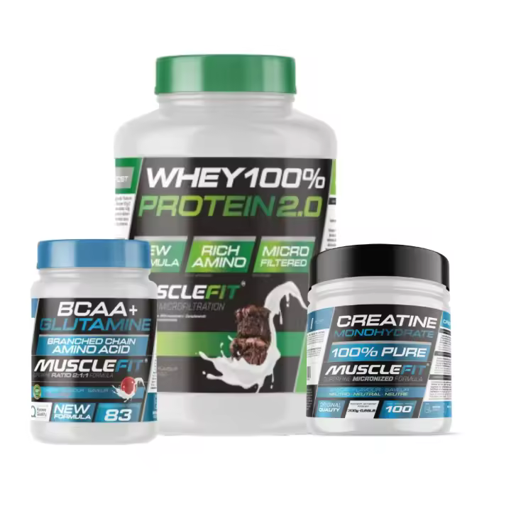 MUSCLEFIT PACK Súper Ahorro: Proteína Whey 2kg, Creatina Monohidrato 300g, Glutamina, BCAA 500g, Regalo - 1