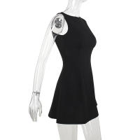 Vestido De Verano Para Mujer 2024 Estilo Europeo Y Estadounidense Cuello Redondo Sin Mangas Color Sólido Cintura Alta Manga Corta Casual Longitud De Rodilla - details 7