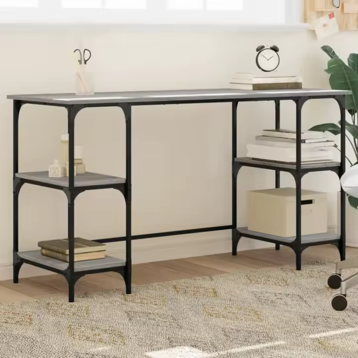 vidaXL Escritorio metal madera de ingeniería 140x50x75 cm en color Roble Sonoma/Gris sonoma/Marrón roble | estructura resistente ideal para salón dormitorio o estudio - 1