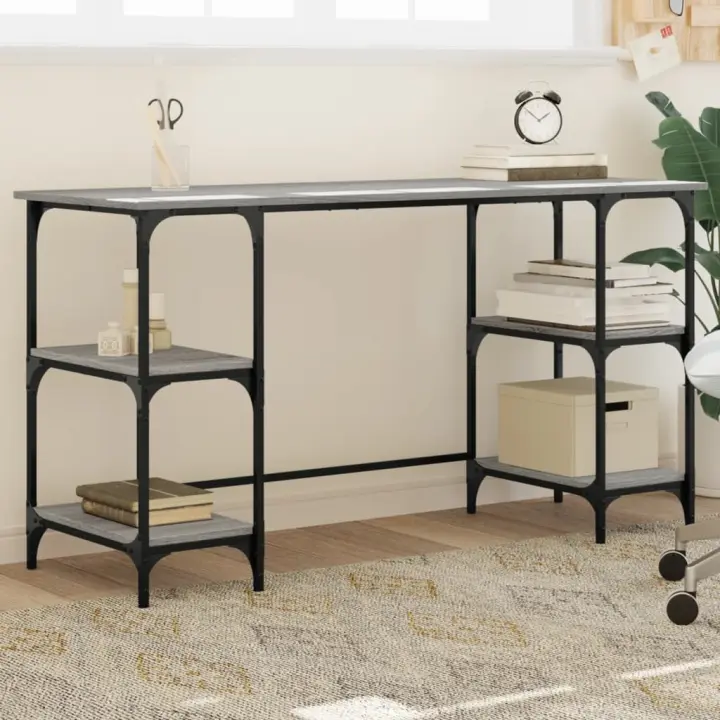 vidaXL Escritorio metal madera de ingeniería 140x50x75 cm en color Roble Sonoma/Gris sonoma/Marrón roble | estructura resistente ideal para salón dormitorio o estudio - 1