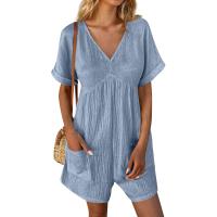 Monos De Verano Casuales Para Mujer Con Hombros Descubiertos Y Mangas Cortas Ruched Estilo Romper De Piernas Largas Con Bolsillos De Poliéster - details 5