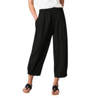 Pantalones Anchos De Algodón Para Mujer En Color Sólido Con Cintura Elástica Y Bolsillos Estilo Casual Vintage Streetwear - details 4