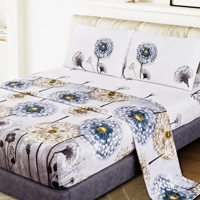 Juego de Sábanas "Vuelo de Semillas" con Diseño de Diente de León - Patrón Botánico Relajante | Incluye Funda Nórdica + Sábana Ajustable Elástica + 1-2 Fundas de Almohada | Tallas 90/135 cm (3 Piezas) y 150 cm (4 Piezas) | Poliéster Premium - 1