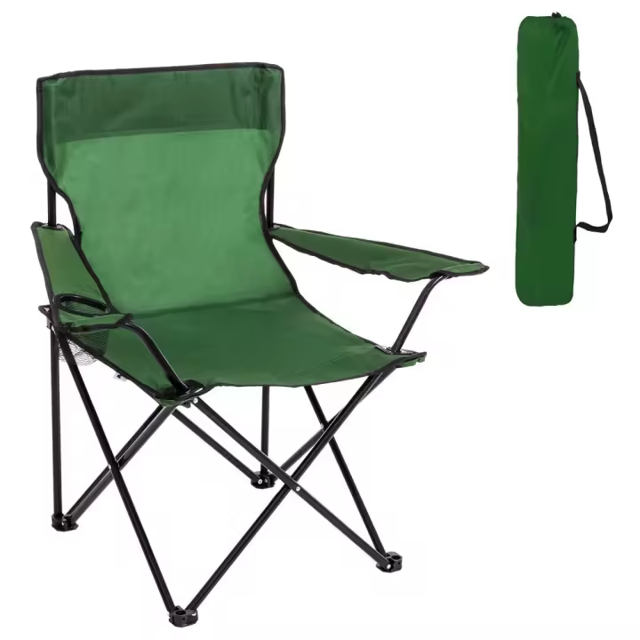 Silla playa camping pesca y caza plegable cierre tijera estructura acero con pintura Epoxi anticorrosión y lona poliéster Oxford 600 D verde, portavasos y bolsa de transporte - 1