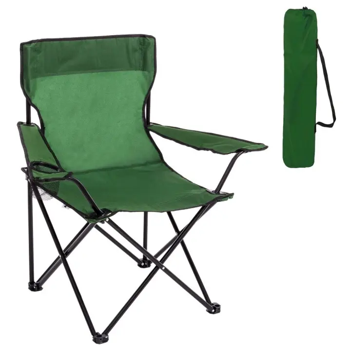 Silla playa camping pesca y caza plegable cierre tijera estructura acero con pintura Epoxi anticorrosión y lona poliéster Oxford 600 D verde, portavasos y bolsa de transporte - 1