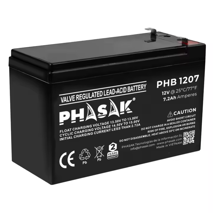 Batería PHASAK sellada plomo-ácido estándar 12V 7.2Ah compatibles con los modelos de SAI/UPS PHASAK, que incorporen baterías de las mismas características. Baterías estandar compatibles con cualquier producto que utilice baterías con caracteristicas elec - 1