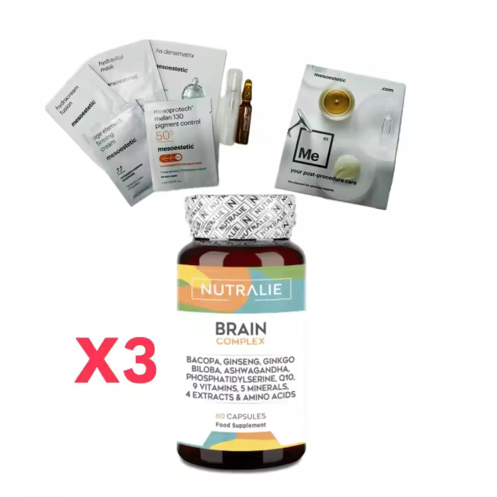 NEW!!! PACK 3 UNIDADES BRAIN NUTRALIE + REGALO RITUAL DE BELLEZA MESOESTETIC - Nootropico Potentel - Memoria  Concentración - Energía - Agilidad Mental - Ginkgo Biloba, Bacopa Monnieri, Colina, L-Tirosina, Ginseng + Vitaminas - Brain Complex 60 Cápsulas - 1