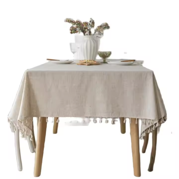 Mantel Rectangular De Lino Universal Para Todas Las Estaciones Color Sólido Beige Con Borde Vintage Para Decoración De Boda Y Cocina Estilo Rústico - 1