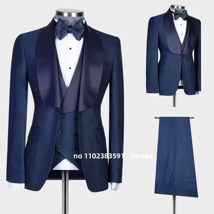 Traje Negro Azul Náutico Para Hombre 3 Piezas Formal Business Tuxedos Con Cuello Redondo Para Boda Vestido De Novio ( Chaqueta + Chaleco + Pantalón) - 1