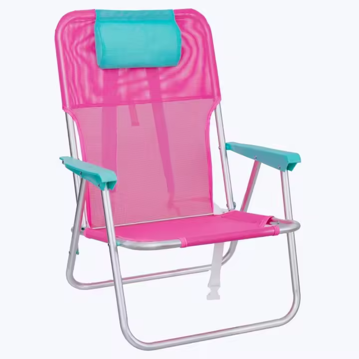 Silla playa camping mochila Junior, plegable de aluminio y textileno rosa, silla fija de 55x40x71 cm, con cojín cervical aguamarina, correas acolchadas y ajustables LOLAhome - 1