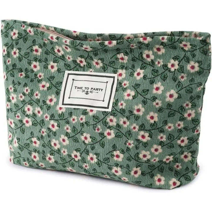 Neceser Maquillaje Floral para Mujer, Bolsas de Cosméticos de Tejido de Pana con Cremallera, Neceser Portátil, Multifunctional Organizador para Viaje -Margarita Verde - 1