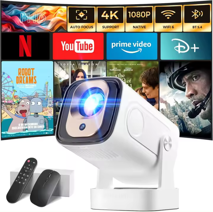 2025 Proyector [Auto Focus & 1080P Nativo & Apps integradas] Proyector 4K Auto Correction WiFi 6 Bluetooth 5.4 Mini Proyector Portátil Compatible con HDMI/TV Stick/Memory Stick/Laptop, Blanco - 1