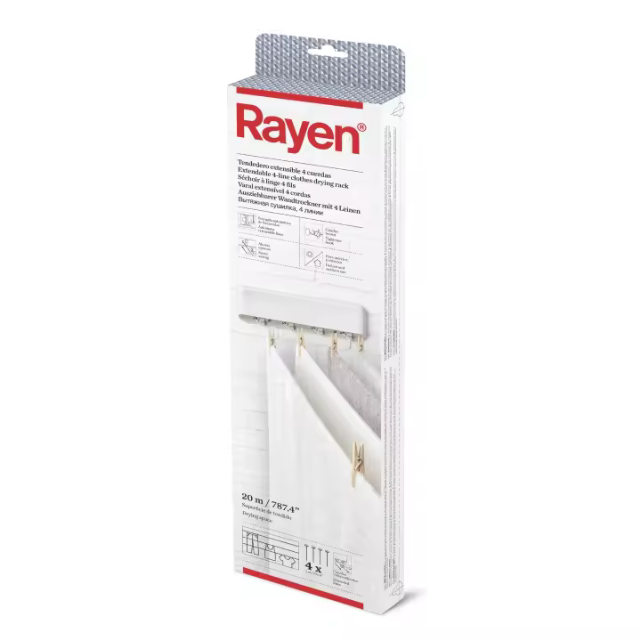 Rayen | Tendedero de Plástico, extensible | 4 Cuerdas Independientes | Recogido Automático de las cuerdas | 38,5 x 11,5 x 3,5 cm | Superficie de tendido 20 m, Blanco - 1