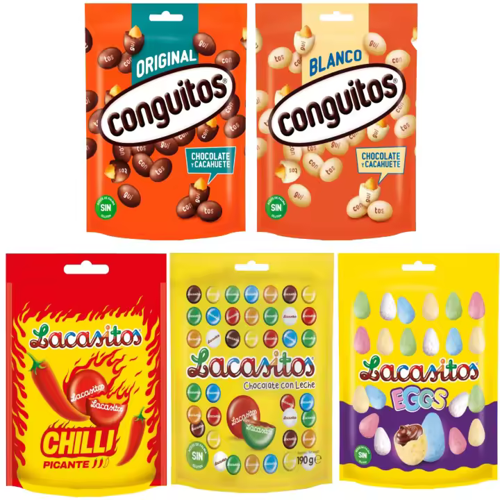 Lacasa lote 5 bolsas doypack:conguitos negros y blancos 220g,lacasitos person 190g,lacasitos eggs 110g,lacasitos chilli 125g - 1
