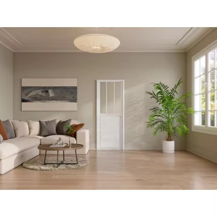 Vente-unique - Puerta reversible de aluminio y vidrio templado tipo taller - Alt. 204 x L73 cm - Blanco - ERMELO - 1
