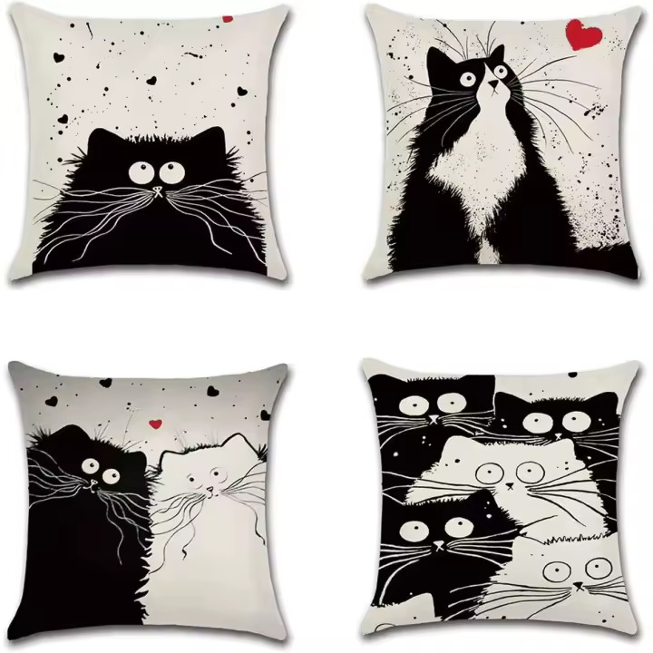 Juego de 4 fundas de juguete Decorativas de Algodón y Lino, 45x45 cm, Diseño de Gato - 1