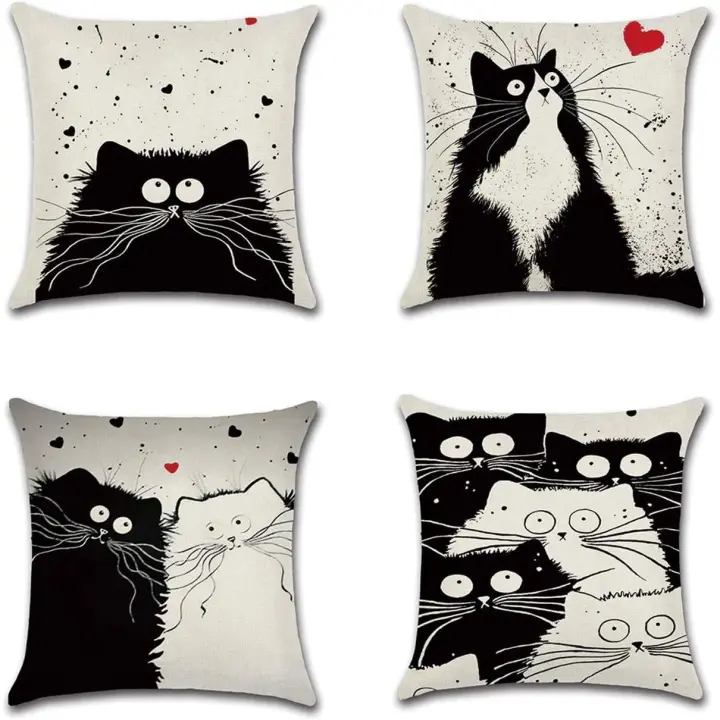Juego de 4 fundas de cojín decorativas de algodón y lino, 45x45 cm, diseño de gato - 1