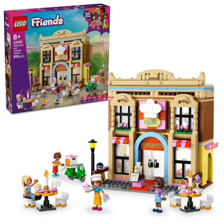 LEGO 42655 Friends Restaurante y Escuela de Cocina, Juguete de Construcción para Niñas de 8 Años o Más, 4 Mini Muñecos (Leo, Marta, Sara y Aliya) y Figura de Gato, Utensilios para Cocinita y Comida - 1
