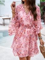 Vestido A-Line De Pierna Larga Para Mujer Con Estampado Floral Elegante Cuello V Manga Corta Estilo Casual Vestido De Verano Primavera - details 11