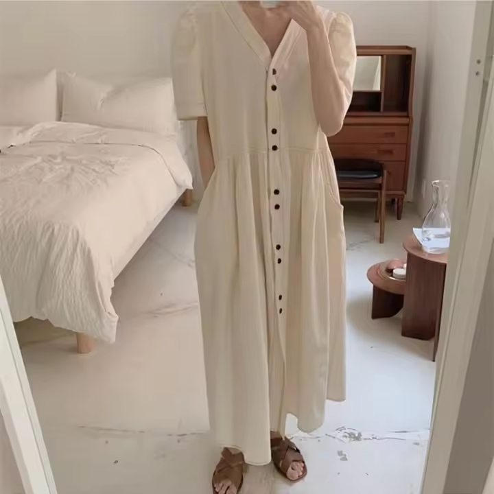 Vestido REALEFT Verano Para Mujer Cuello V Manga Flotante Casual A-Line Midi Polyester Vestido De Oficina Estilo Coreano - 1
