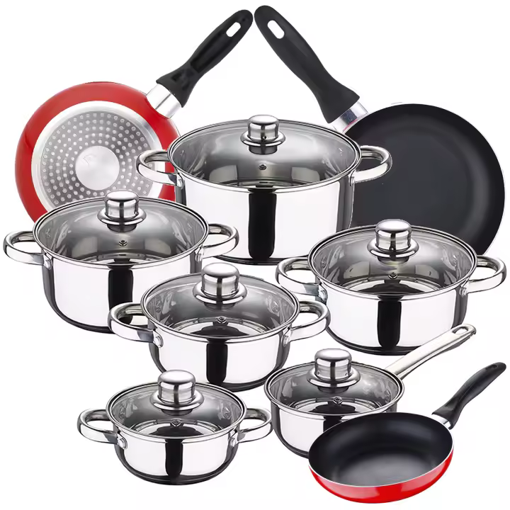 San Ignacio Batería de Cocina 12 Piezas en Acero Inoxidable con Juego de Sartenes y Tapas de Vidrio - 1