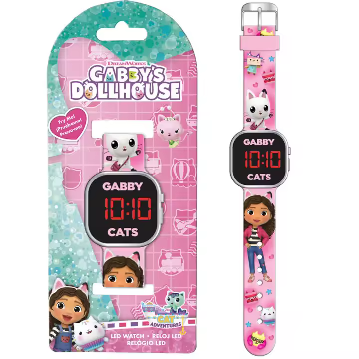 Gabby Reloj LED La Casa de Muñecas de Gabby 18x7,5x3cm, Gabbys Dollhouse Reloj Digital Infantil Niña, Color Rosa - 1