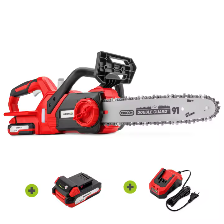 GREENCUT GS200L - Motosierra de 20V para 2,0Ah/4,0Ah, de 12'' Oregon, velocidad de corte hasta 5m/s, incluye funda de espada, batería de litio 2,0Ah y cargador - 1